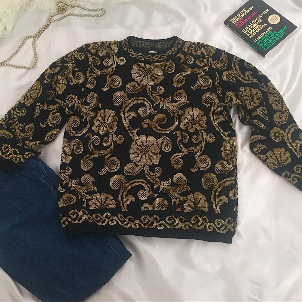 Vintage 80s NYE Holiday Metallic Black & Gold Dark Floral Oversize Knit Sweater